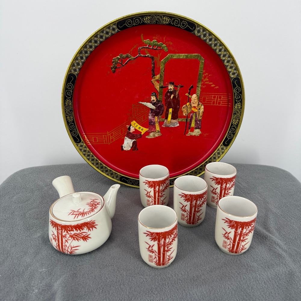 VTG Japan Bamboo Tea Set Kyusu Teapot 5 Cups +Sunshine Biscuits Tang Dynasty Tin